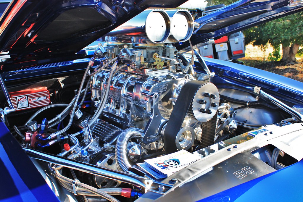 supercharged blower on an engine in a muscle car