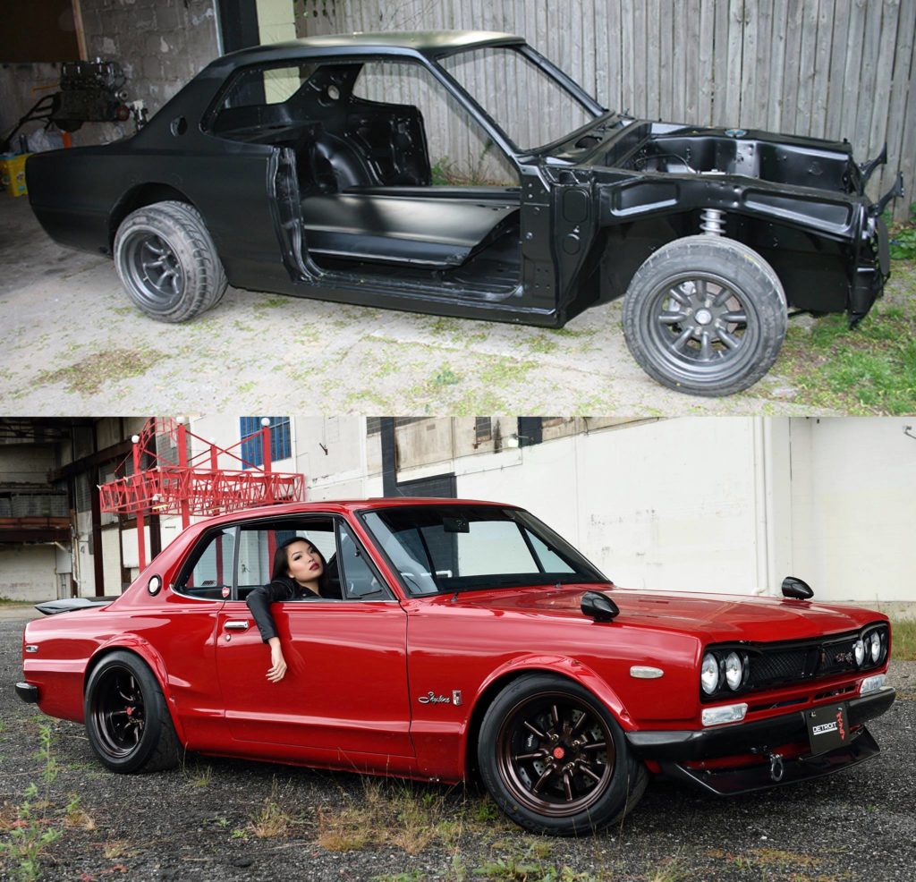 before/after pic of a 1972 nissan skyline restoration