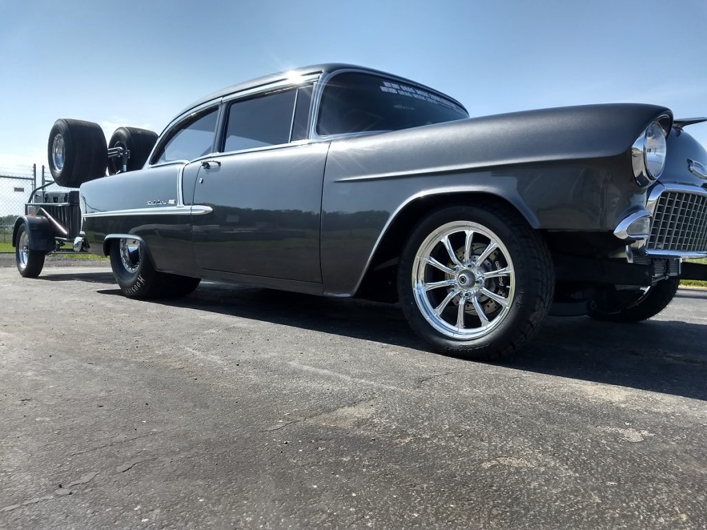 1955 chevy drag car with trailer at midwest drags