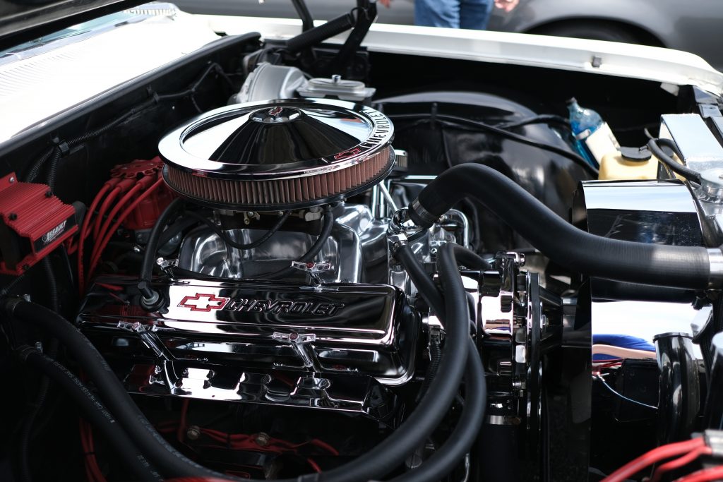 chevy engine in a vintage muscle car