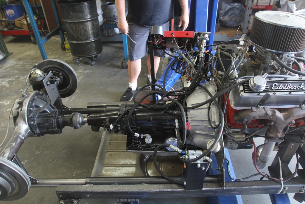 transmission and chevy engine on a fabricated chassis frame