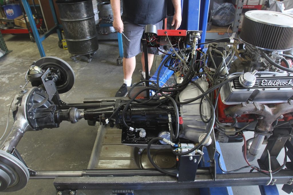 small block chevy and drivetrain in a fabricated frame