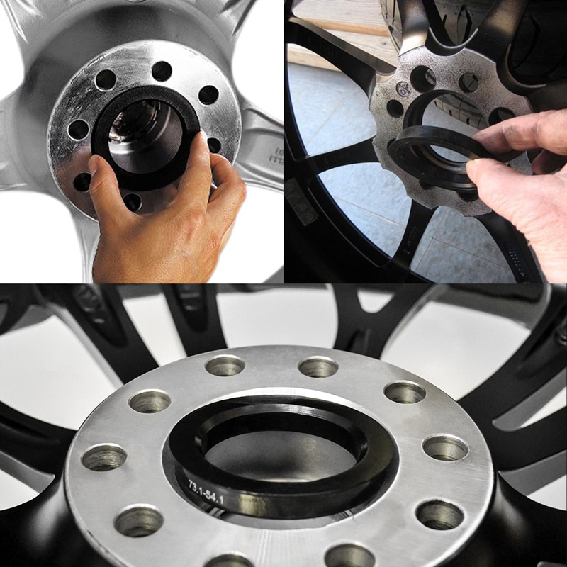 man installing hubcentric rings on an aftermarket wheel prior to installation on car