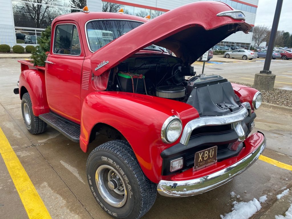 1954 chevy 3100 pickup truck with hood open