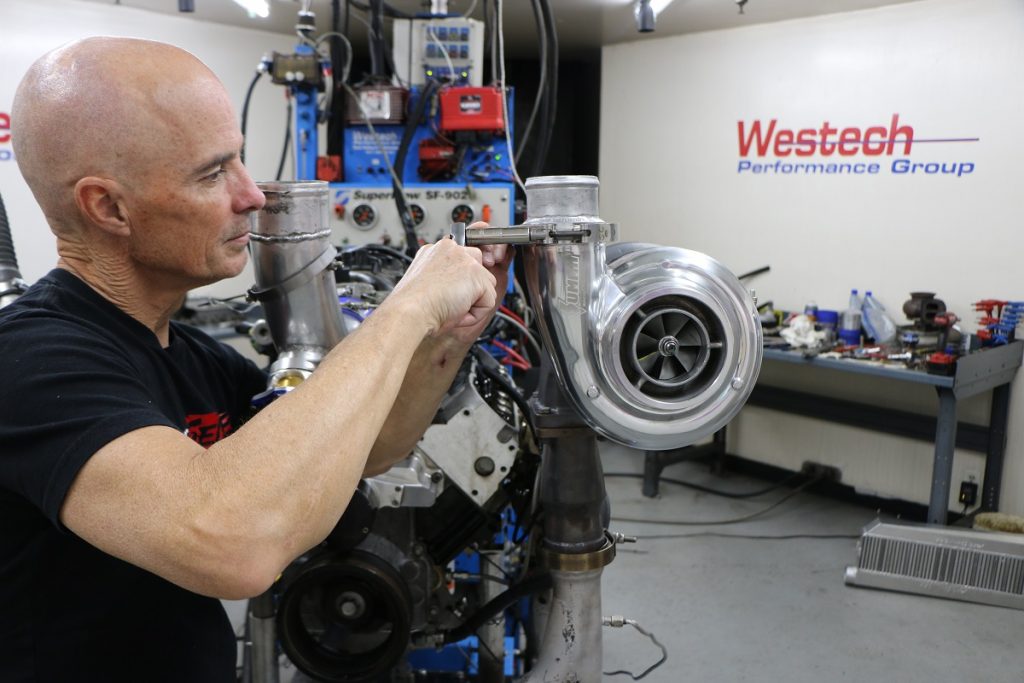 richard holdener installing a turbocharger on a gm ls engine for a dyno test run