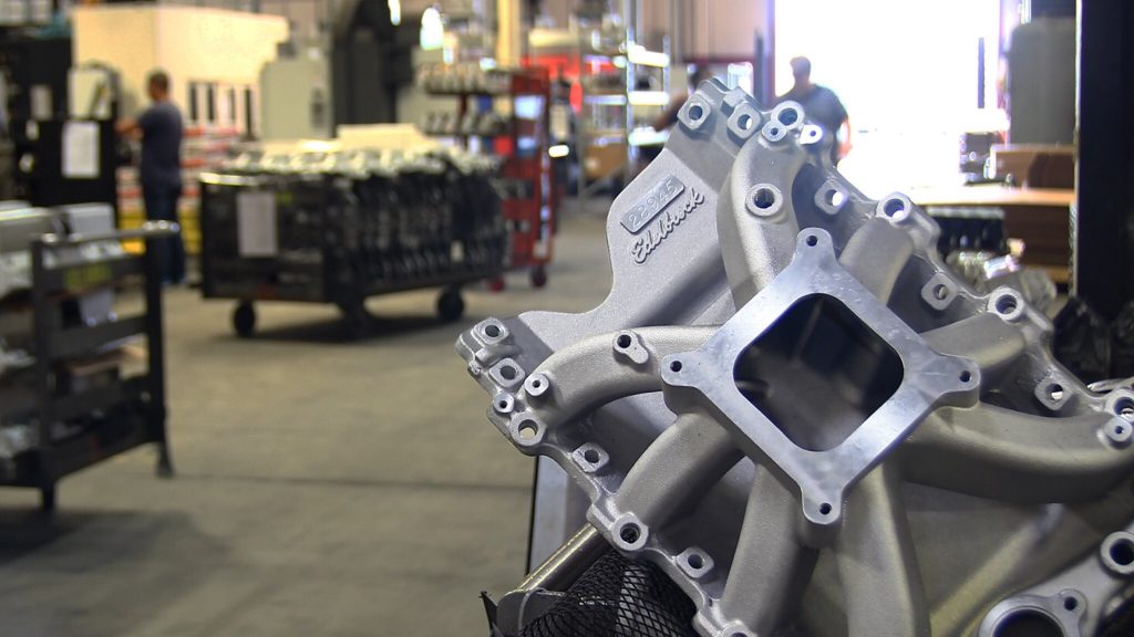 edelbrock factory with intake manifold in foreground