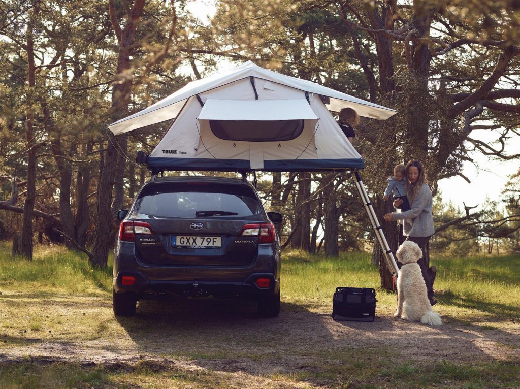 family camping with a dog in a thule rooftop tent and subaru outback