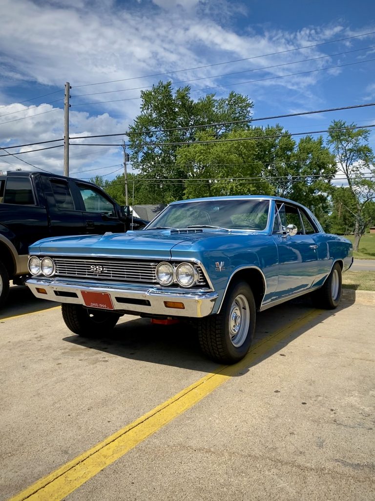 front quarter shot of a blue 1966 chevy chevelle