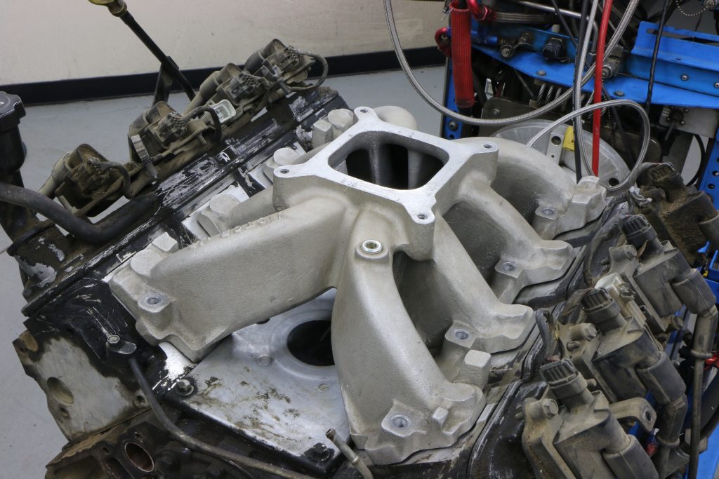 large single plane intake manifold on a 4.8 liter ls engine prior to dyno run test