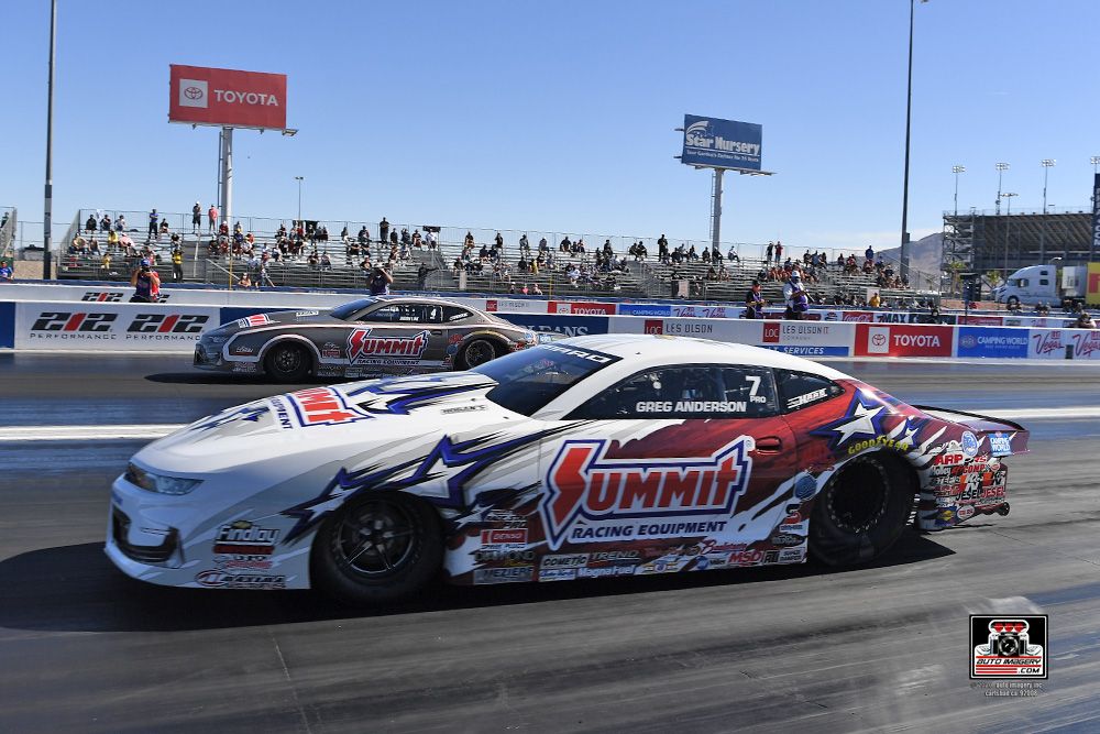 team summit pro stock camaros line up at the las vegas drag strip