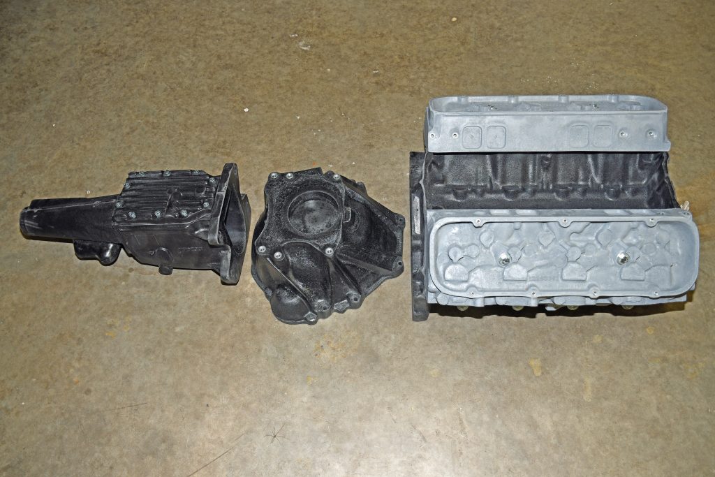 foam lightweight replicas of a v8 engine, bellhousing, and transmissions for mockup use