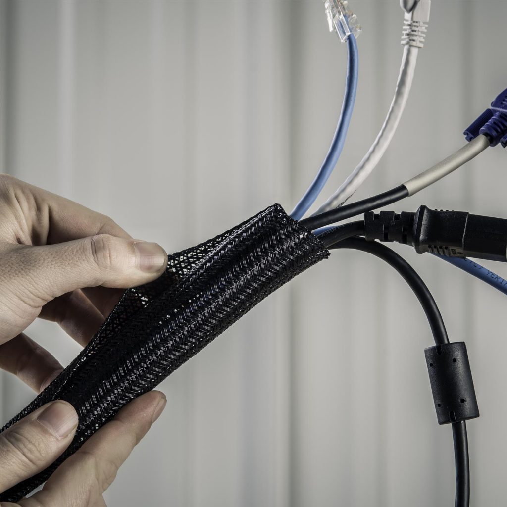techflex split braid sleeving covering a collection of wires and cable