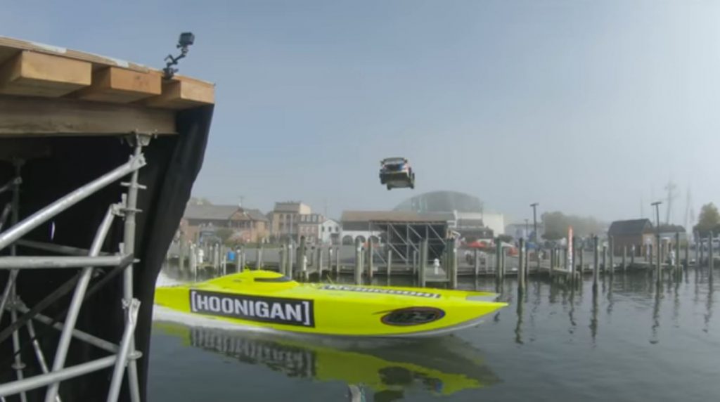 gymkhana 2020, travis pastrana leaps over a hoonigan cigarette speed boat