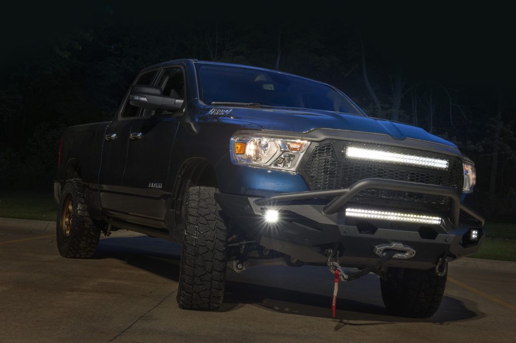 front grille of a modified 2020 ram 1500 big horn pickup truck