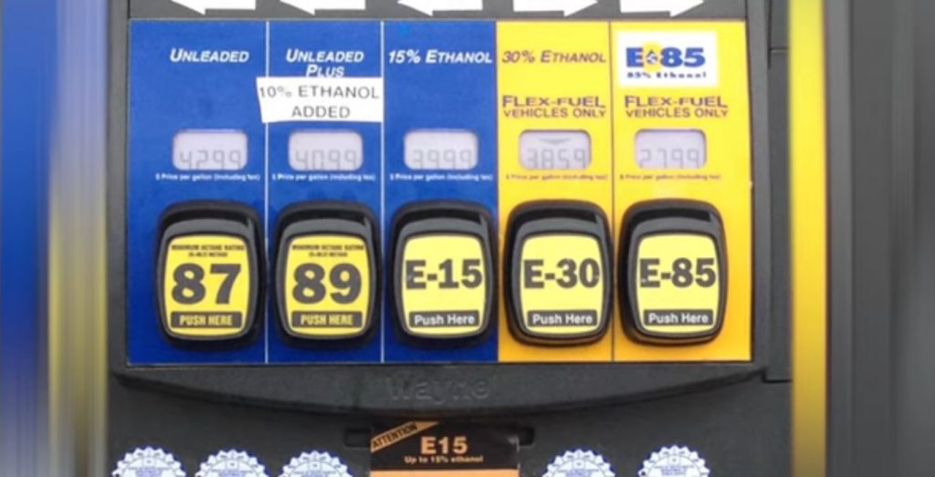 row of ethanol flex fuel gas pumps