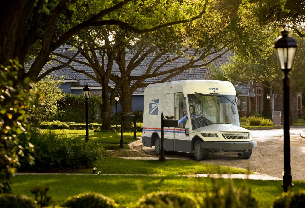 compsoite render of a jeep ngdv postal truck delivering mail at mailbox