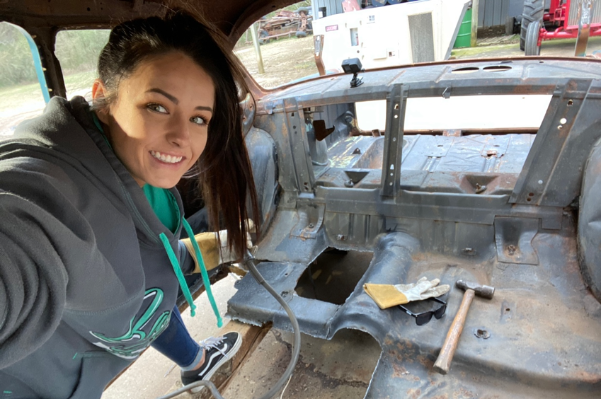 alex taylor inside a 1955 chevy bel air she's transforming into a drag race car