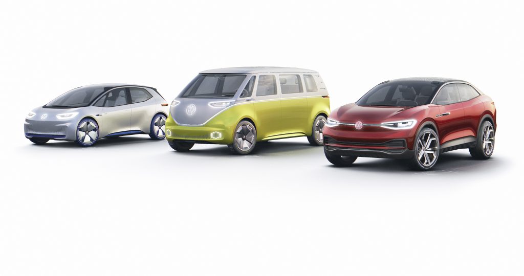 three volkswagen electric vechicles