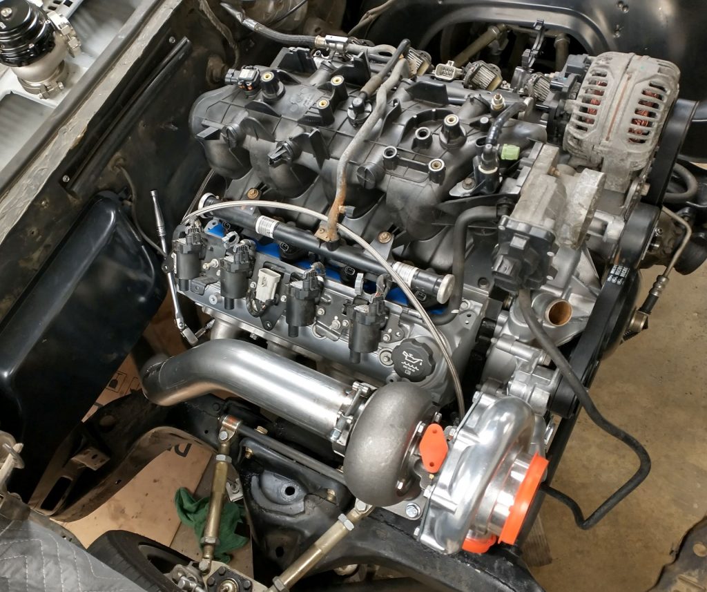 turbocharged ls motor in the engine bay of a 1970 chevelle