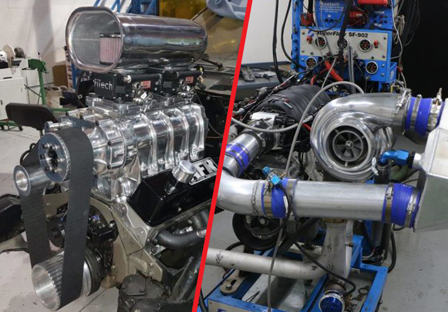side by side compariosn of a supercharged and turbocharged engine on test dyno