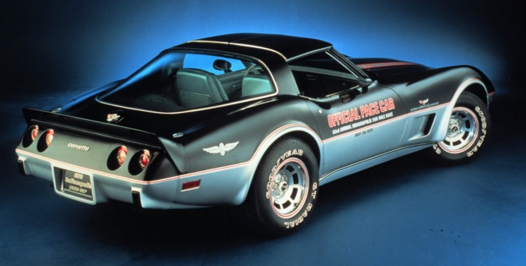 rear quarter shot of 1978 corvette indy 500 pace car in official chevy press photo