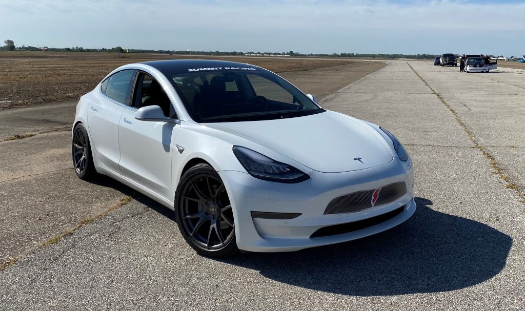 tesla model 3 on tarmac prior to ecta land speed record run