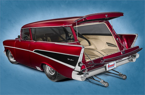 rear quarter shot of a hot rod 1957 chevy 210 station wagon