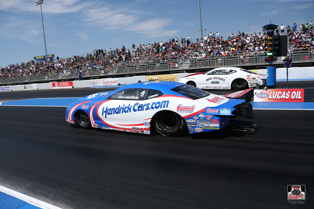 a pair of pro stock race cars launch at 2021 sonoma nhra nationals