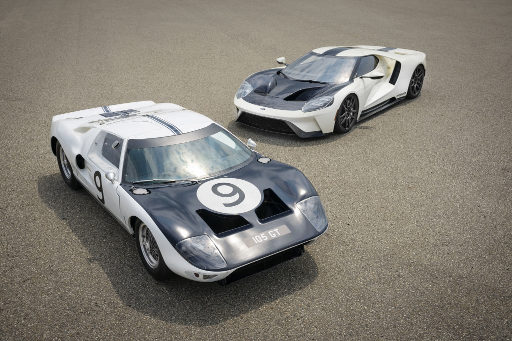 press photo of prototype ford gt40 race car and 2022 ford gt heritage edition