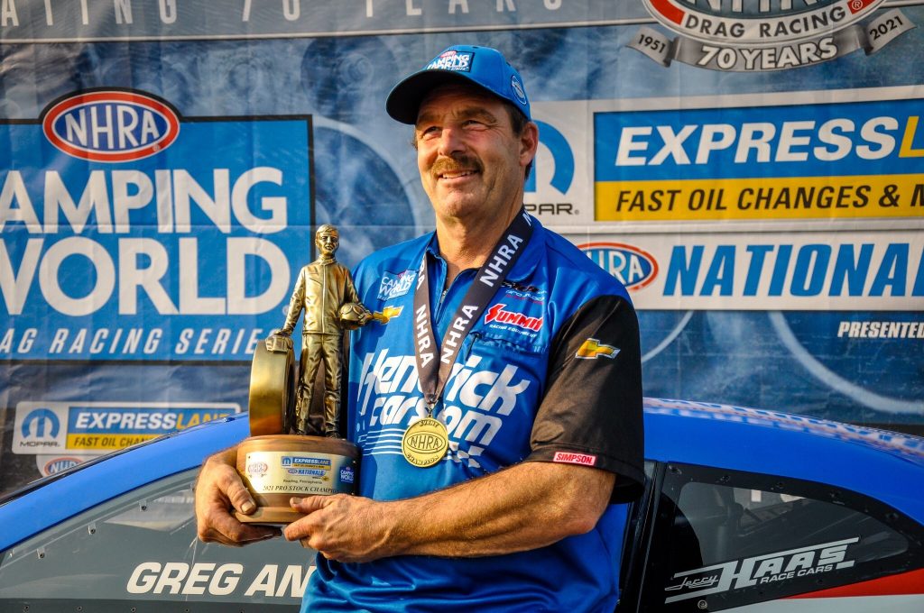 greg anderson poses for wally at nhra mopar express lane nationals 2021