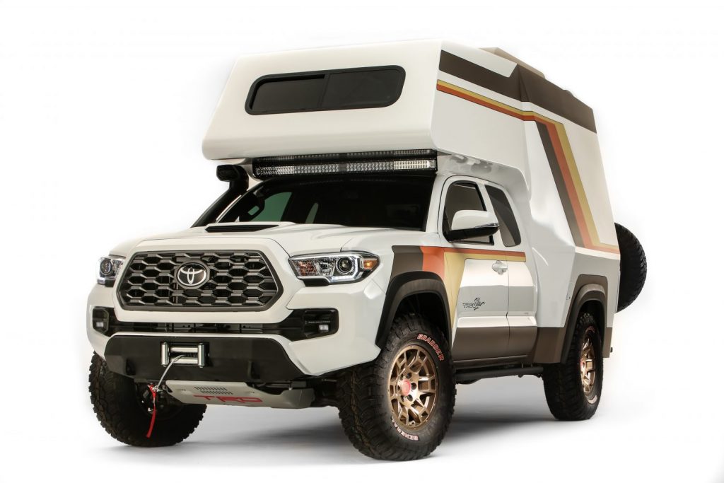 tacozilla custom toyota tacoma chinook camper SEMA show truck, front quarter