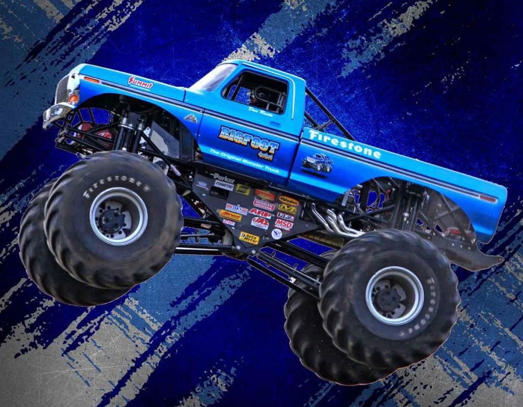 bigfoot monster truck in stylized image during car crush leap