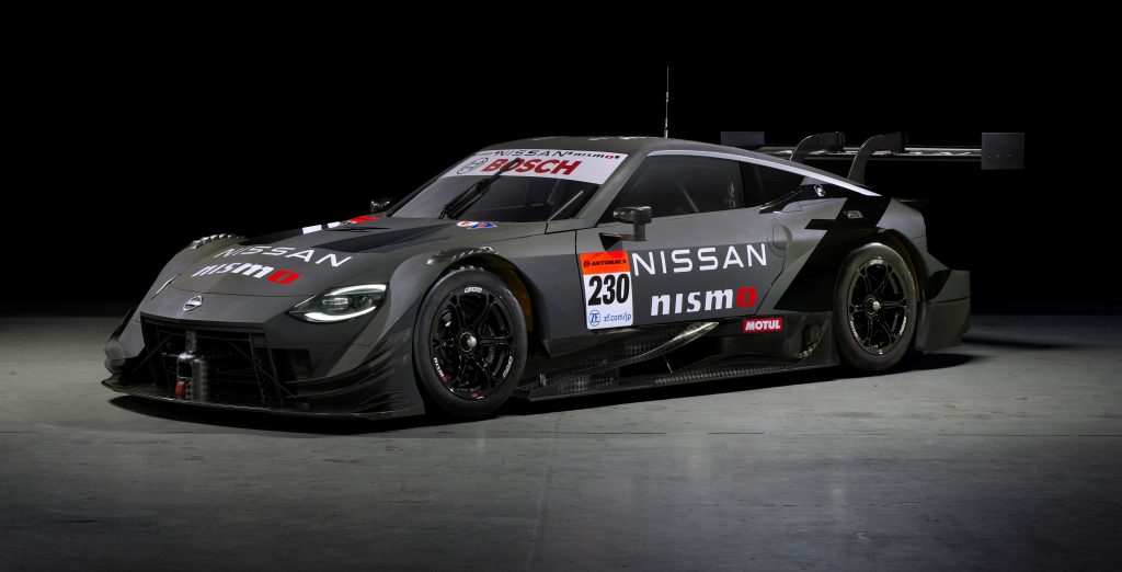 front quarter shot of new nissan z car that's competing in japan's super gt race series