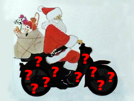 vintage advertisement image of santa claus on mystery motorcycle scooter