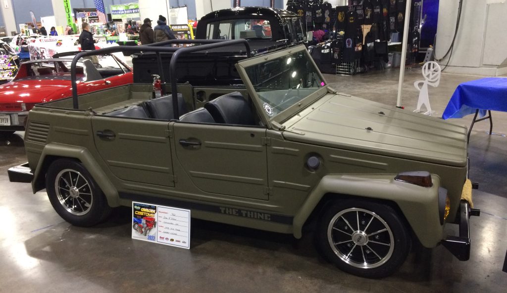 1973 Volkswagen thing with green olive drag paint job at car show
