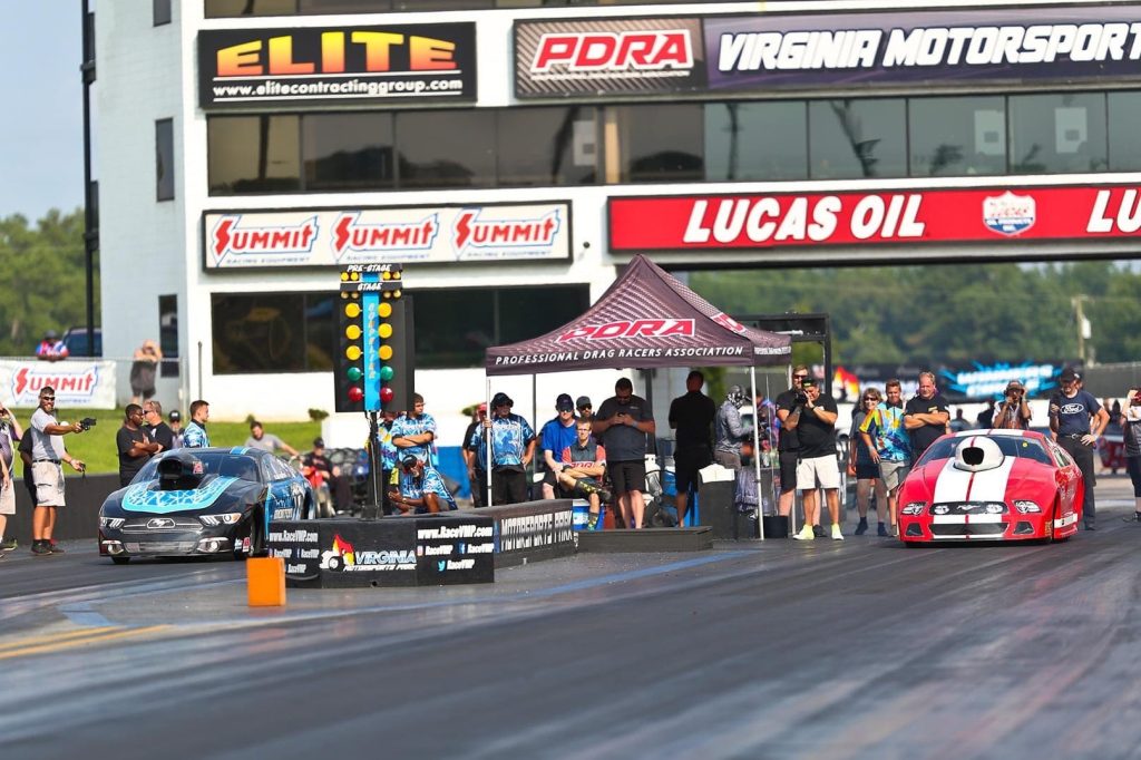 two classic pro stock dragsters stage at PDRA event