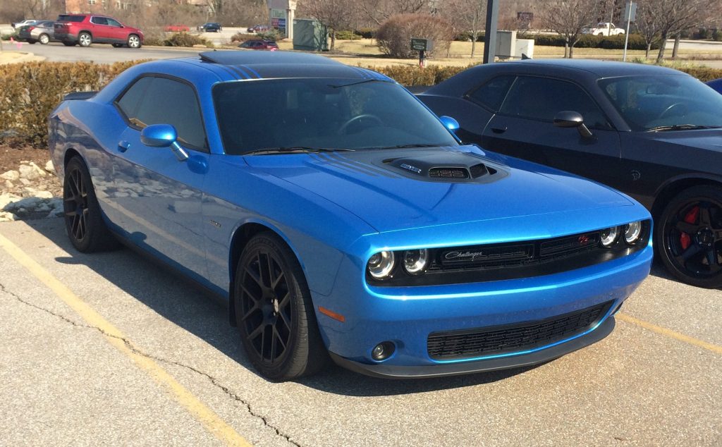 blue dodge challenger shaker hood