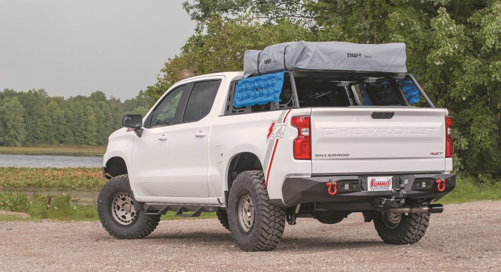 rear tailgate view of a chevy Silverado truck overlanding rig