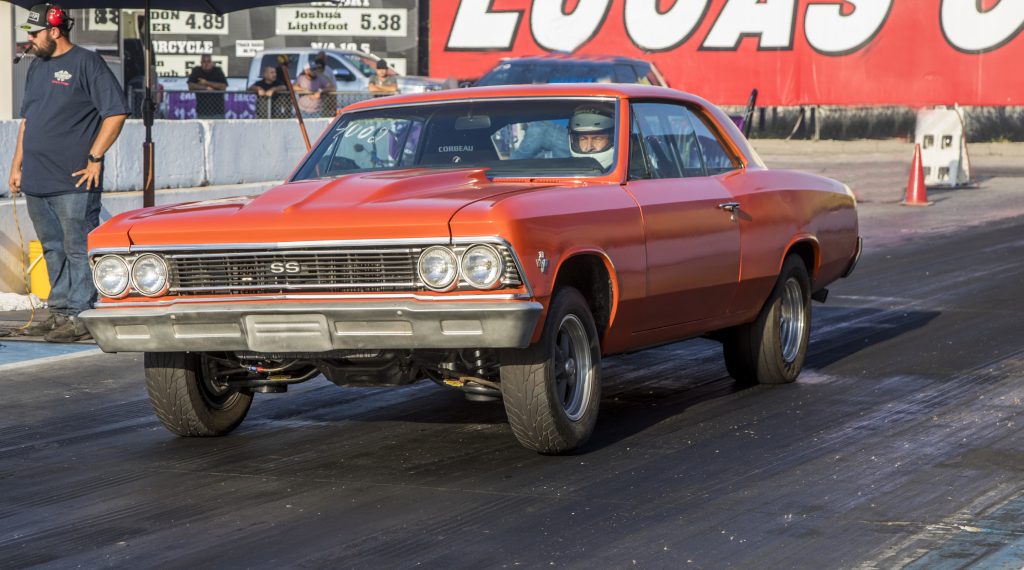 1966 chevy chevelle launching at a race track driven by Jeff Smith
