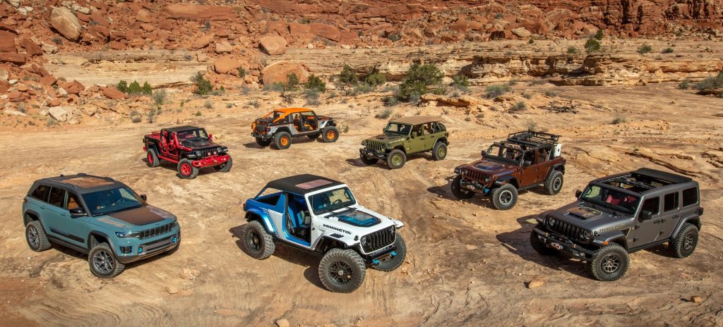 collection of 2022 easter jeep safari concept vehicles arranged in desert setting