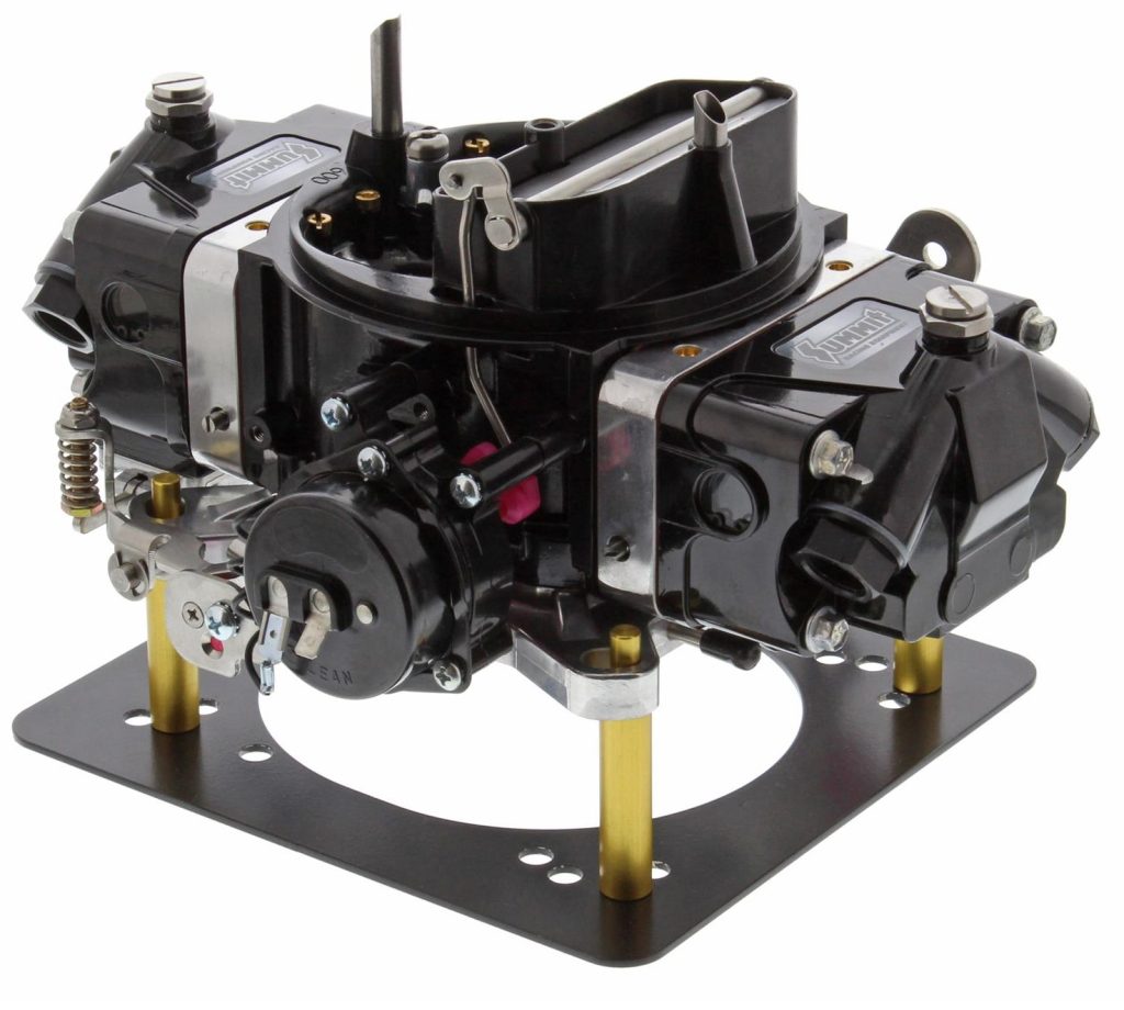 summit racing max performance carburetor on display stand against a white background