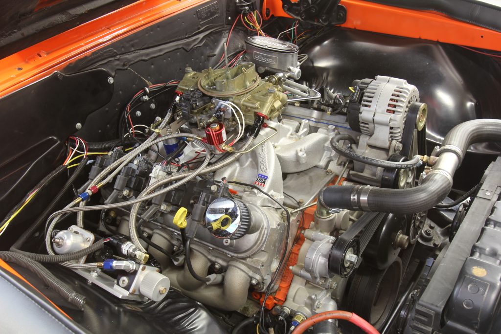 ls engine retrofitted under the hood of a chevy chevelle