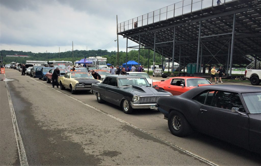 a line of drag race cars prepares to stage and race at edgewater sports park near cincinnati ohio