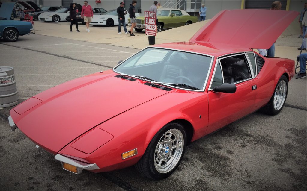 front driver side quarter shot of a red 1972 detomaso pantera