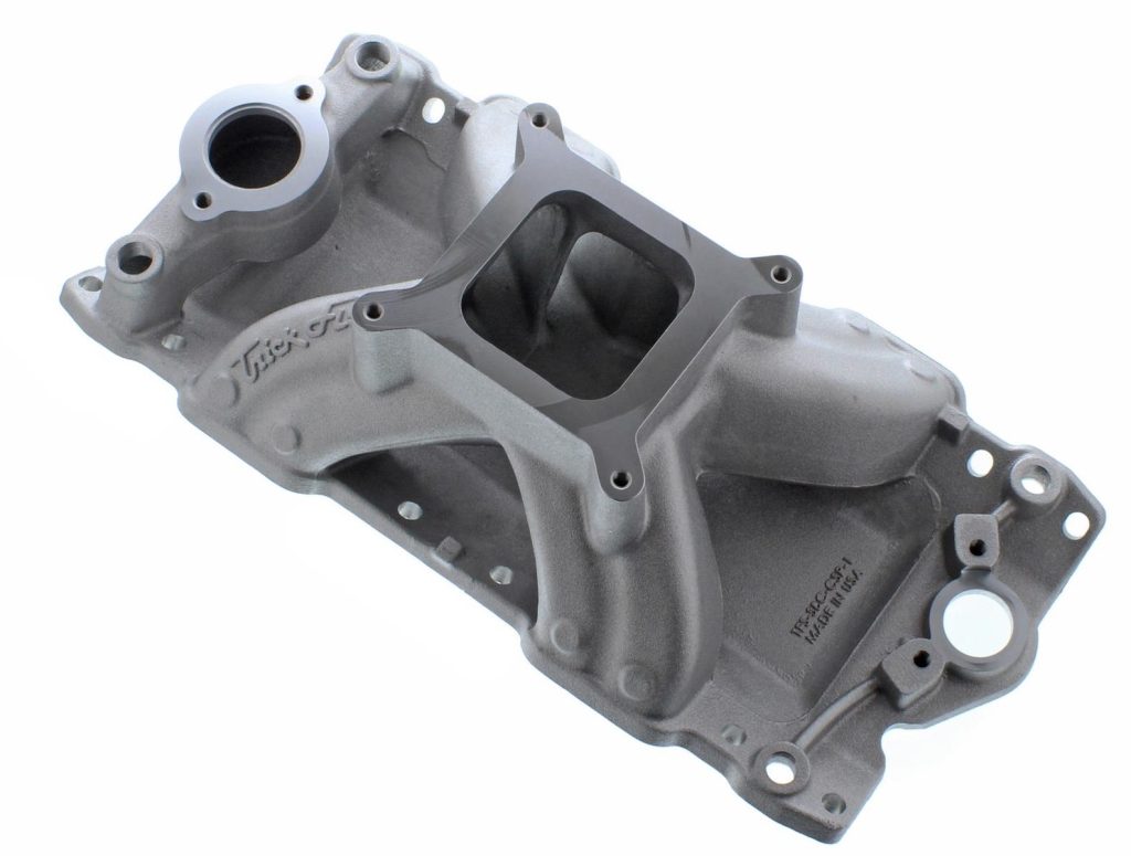 top angled view of the trick flow r series single plane intake manifold for small block chevy