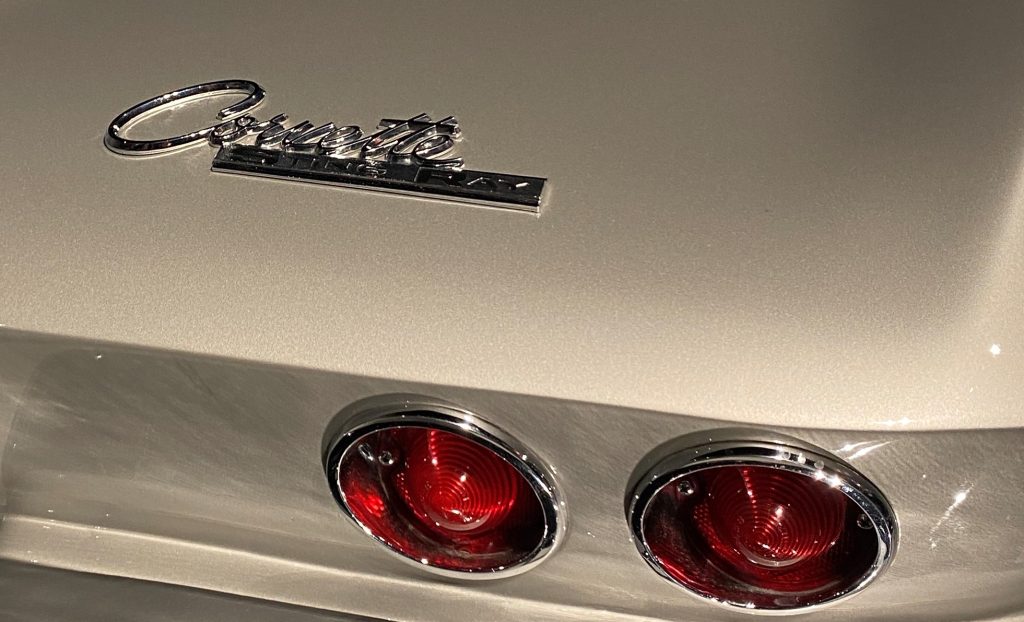 Close up of rear trunk emblem on a c2 corvette sting ray