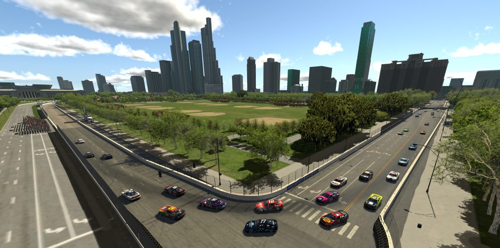 computer render of nascar stock cars racing on streets of chicago