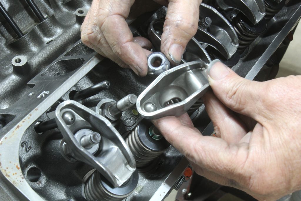 lubing rocker arms prior to installation on a small block chevy v8 engine