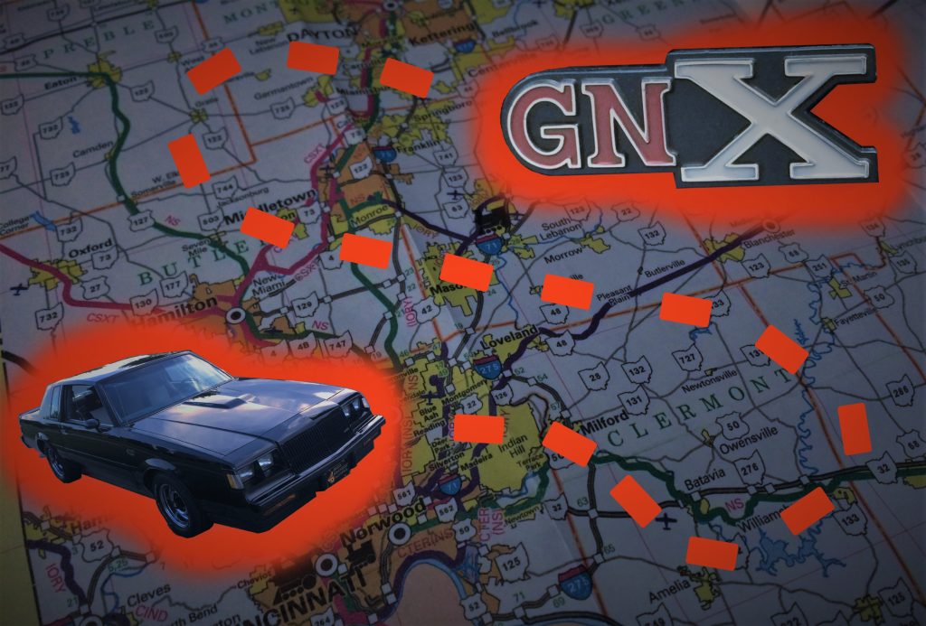 map of cincinnati with buick grand national and gnx emblem