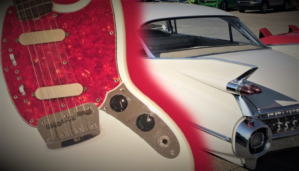 composite image of an olympic white cadillac coupe and a fender duo sonic guitar
